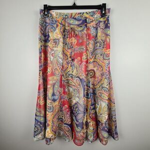Coldwater Creek Colorful Artsy Paisley Tie‎ Front Boho Midi Skirt Medium Lined